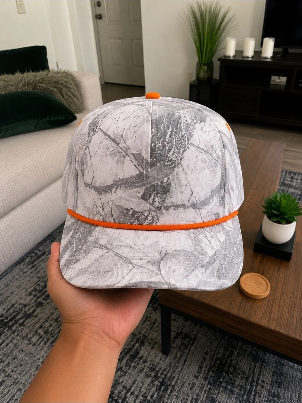 Gray Marble Print Rope-Trim Baseball Cap with Orange Accents